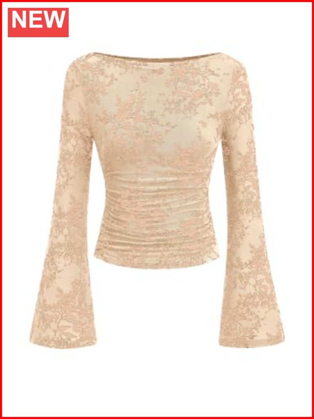 Women's Bell Sleeve Floral Mesh Crop Top Long Sleeve Blouse
